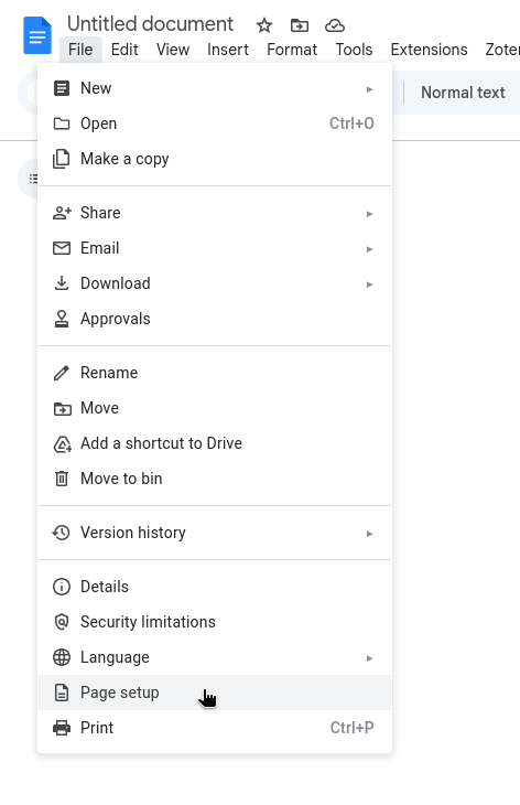 Open Page Setup